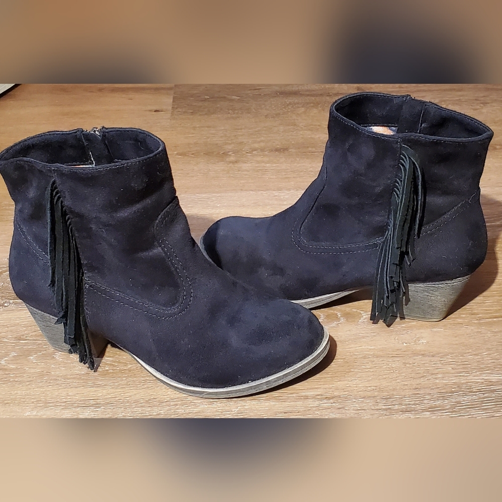 Black Suede Ankle Boots with Fringe - Womens 7.5 - Rock and Candy by ZiGi